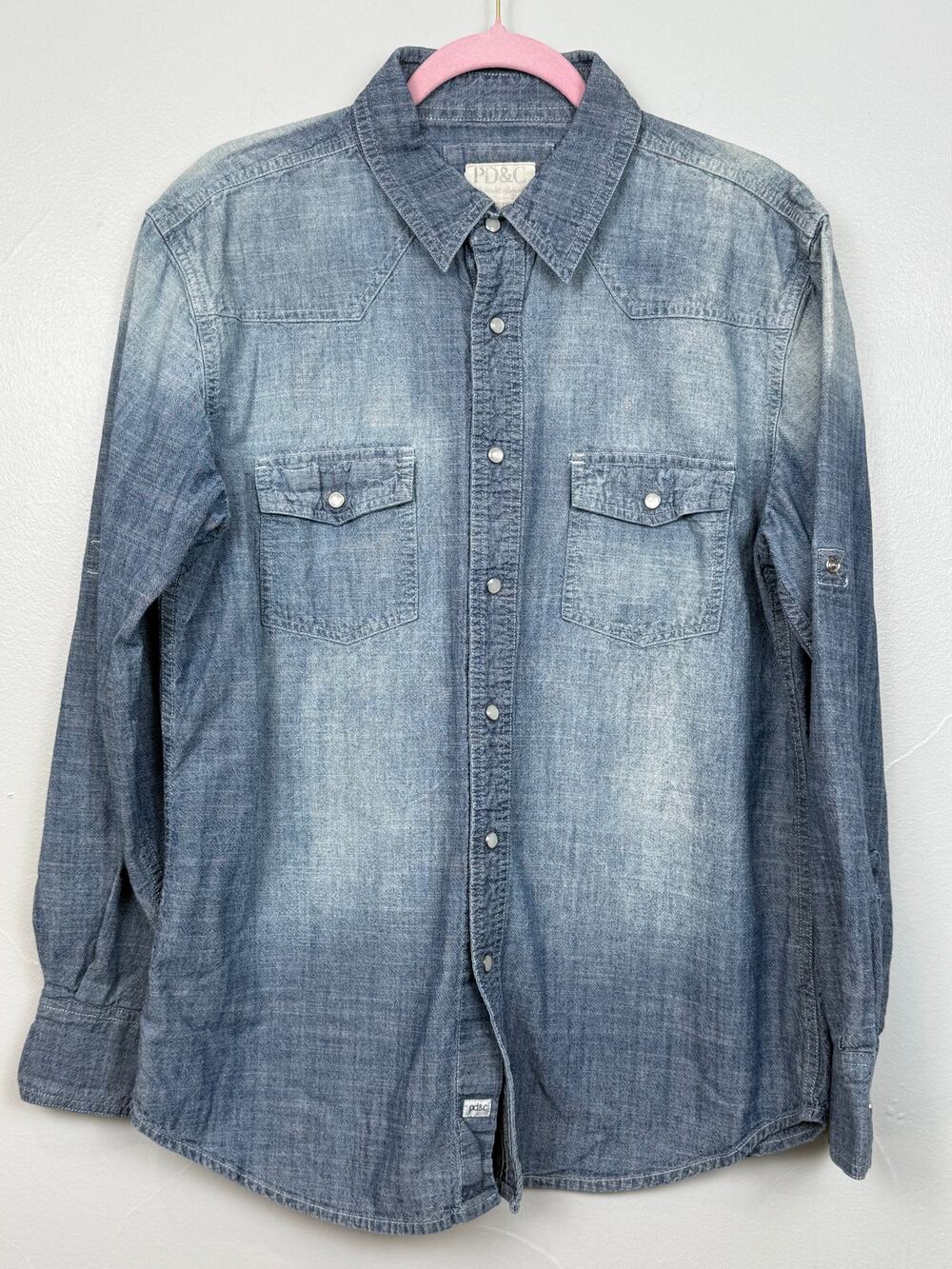 PD&C Denim Snap Button Western Shirt Men’s Medium Chambray Vintage Look